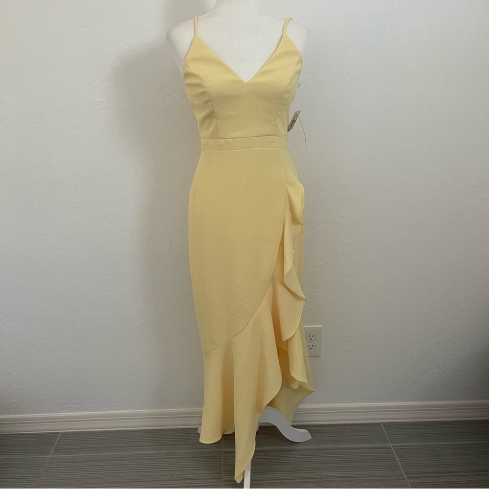 🌸 NWT - XSCAPE Lemon Yellow Slit Wrap Sleeveless Dress Size 2 - Picture 2 of 8